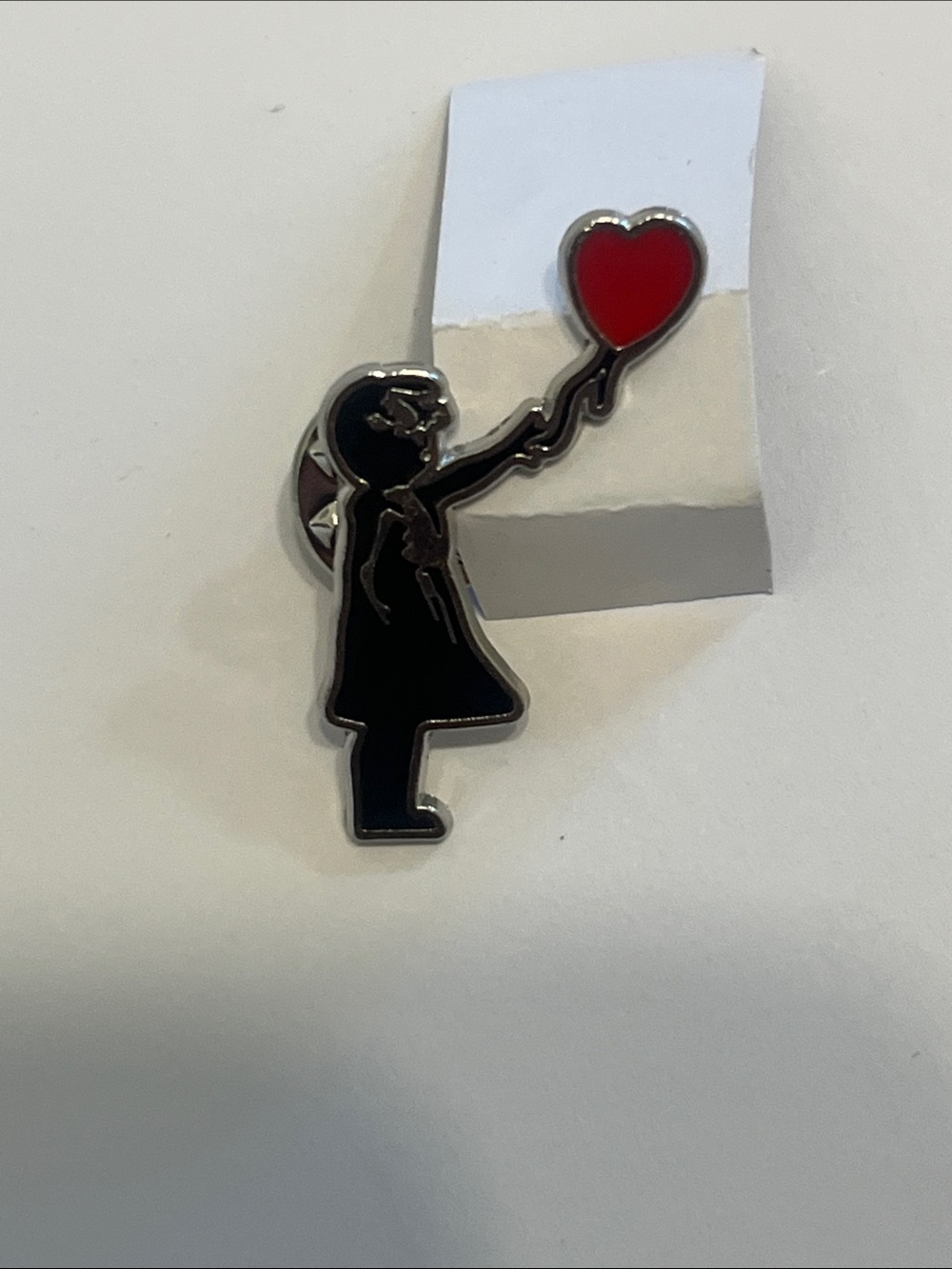 Black Silhouette Girl Enamel Pin with Red Heart Balloon